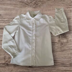 Cherokee Girls White Button-Up Shirt Long Sleeves Ruffle Trim Size Medium 7/8